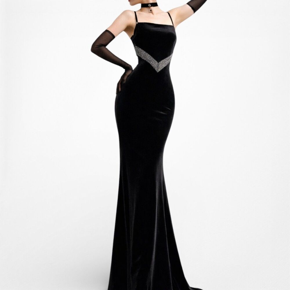 Vintage Y2K 90s Black Velvet Beaded Knit Bodycon Maxi Formal Prom Dress Size S